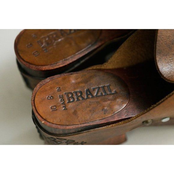 Vintage 70s Leather Hand Tooled Wood Sole Slip on Clogs 10B - Picture 9 of 10